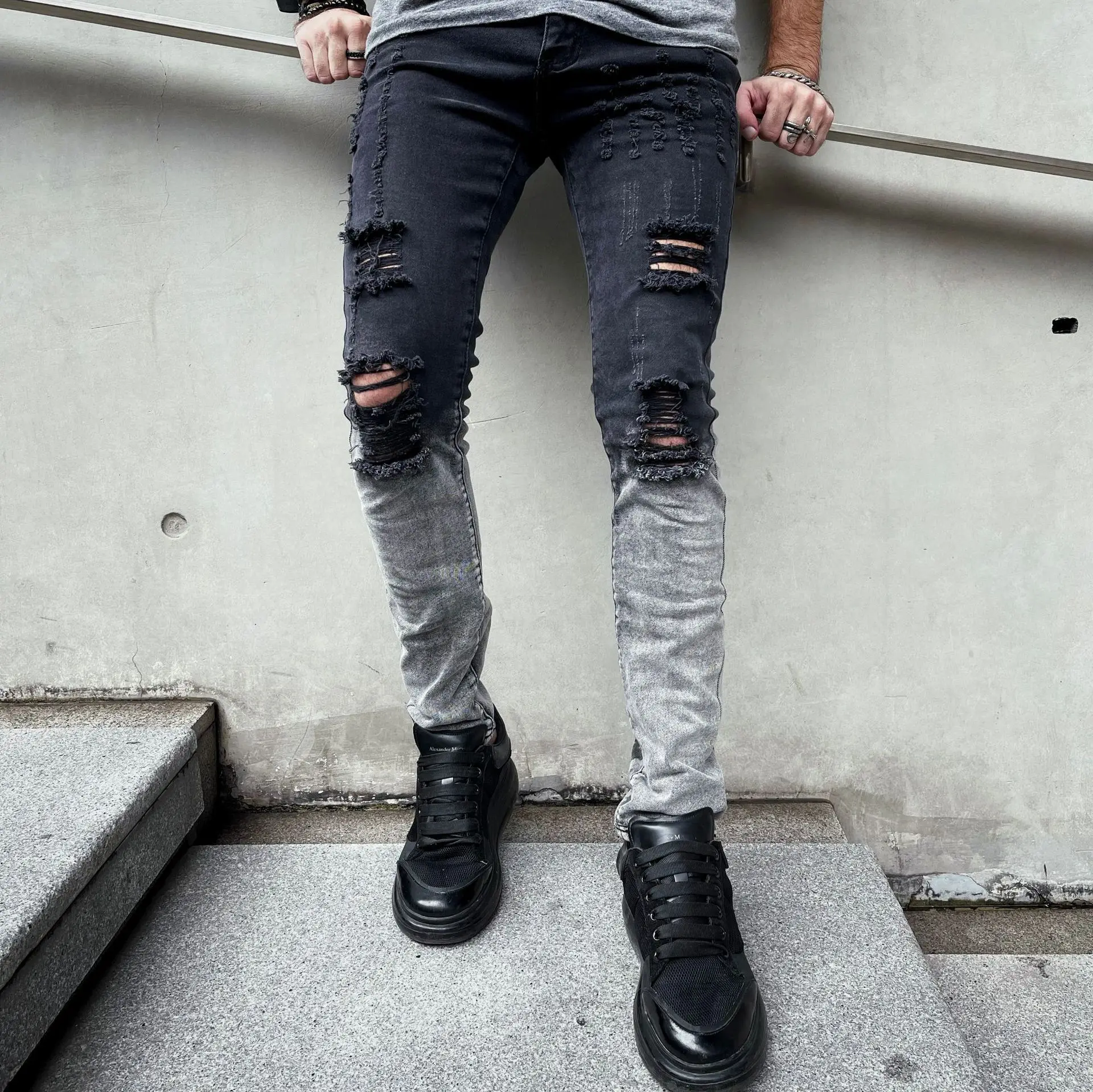New Men's Tight Jeans with Broken Holes Coated with White Stretch Denim Black Slim Fit Casual Men's Pants Fashion
