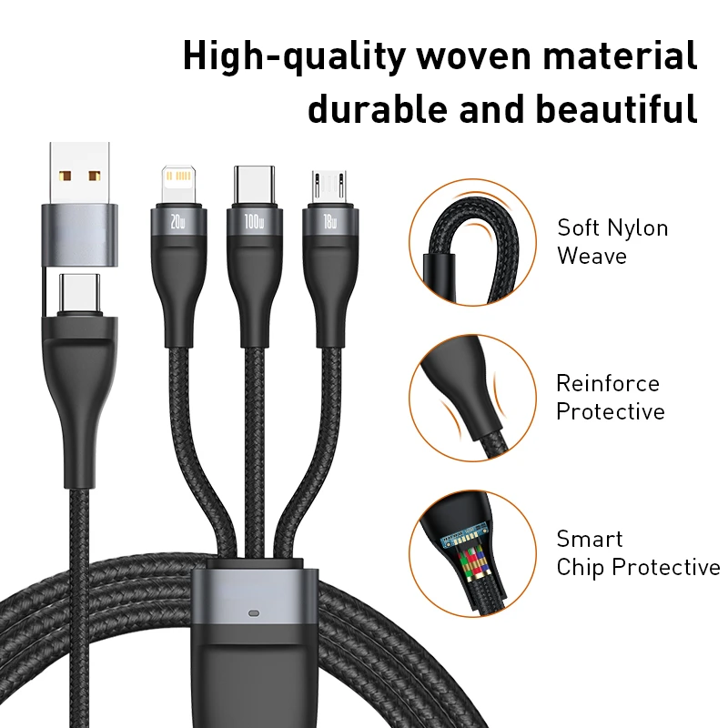 3 in 1 USB C Cable for iPhone 13 12 Pro 11 XR Charger Cable 100W Micro USB Type C Cable for Macbook Pro