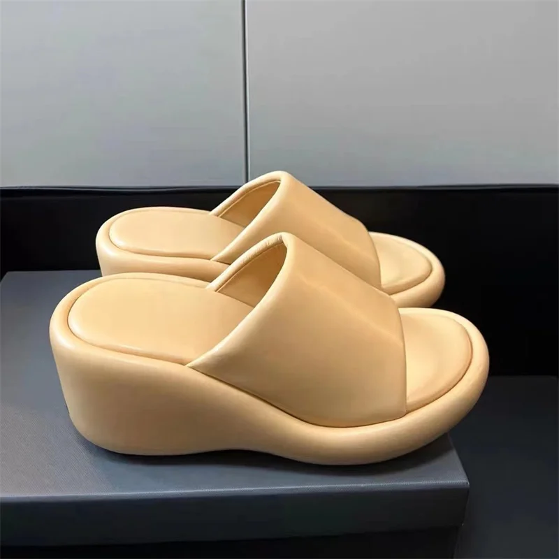 Summer Fashion Thick Soled Women's Slippers 2023 Round Head Increase Height Roman Wedges Sandals Genuine Leather Casual Shoes