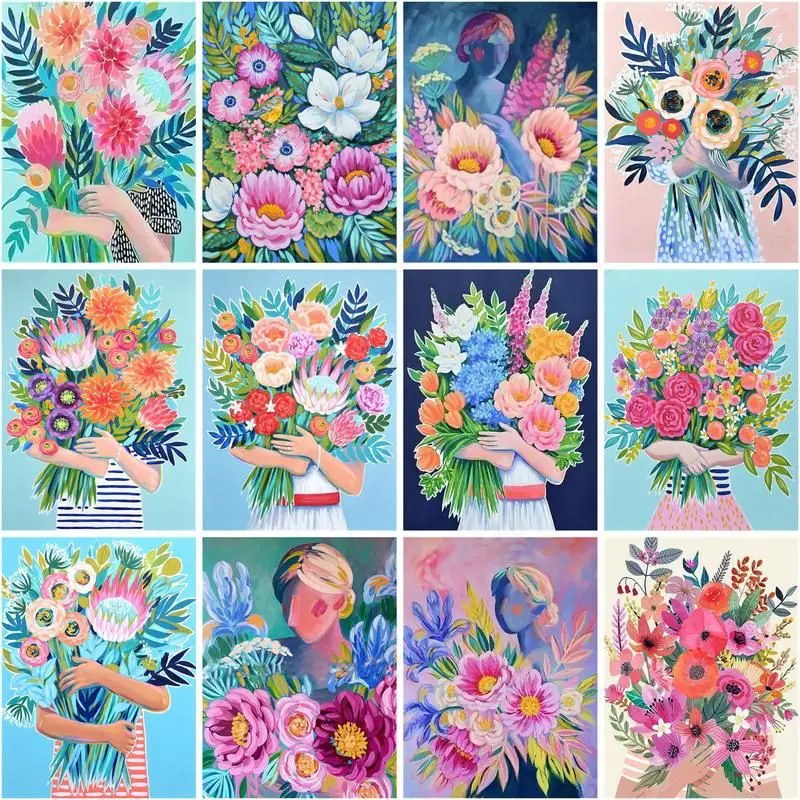 

CHENISTORY Paint By Number Holding Flowers Drawing On Canvas Handpainted Abstract Art Gift Diy Pictures By Number Kits Home Deco