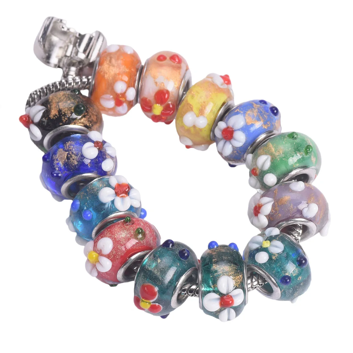 5pcs 15mm Handmade Flower Rondelle European Charms Murano Lampwork Glass Big Hole Beads For Jewelry Making DIY Bracelet Findings