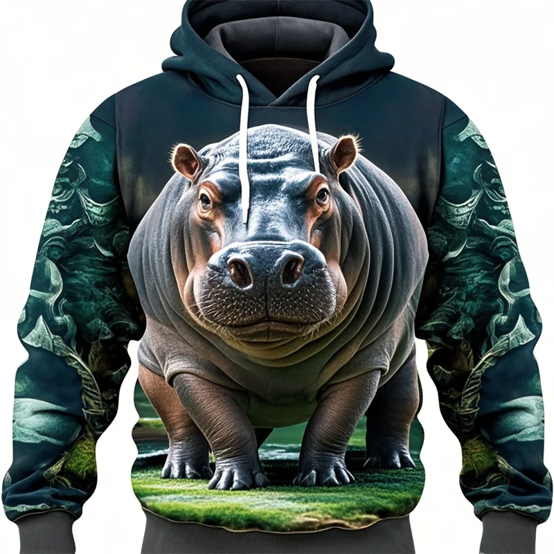 Фото New Fashion Animal Hippopotamus 3D Printed Unisex Hoodies Personality Casual Cute Pigmy Hippopotamus Oversize Sweatshirts Tops №5