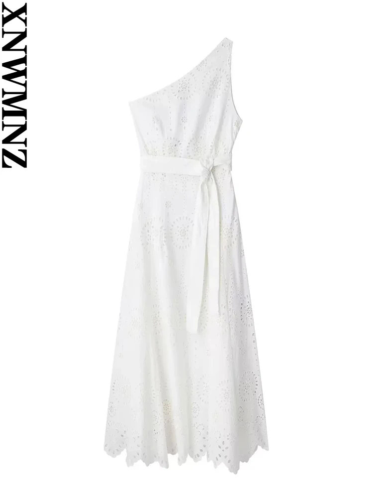 

XNWMNZ 2023 Women's Fashion Asymmetric Neckline Embroidery dress Women Party Style Wide Strap Belt Female Midi Dresses