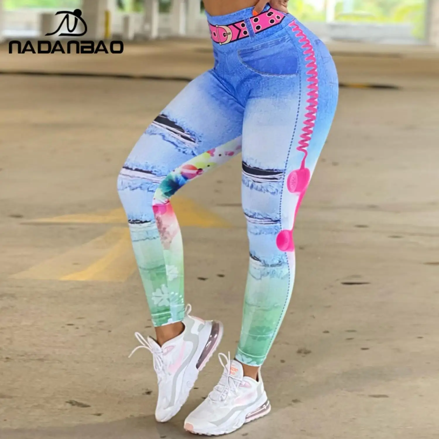 

NADANBAO Woman Denim Printed Leggings Summer Sexy High Waist Pants Sporty Outdoor Elastic Trousers Running Riding Workout Bottom
