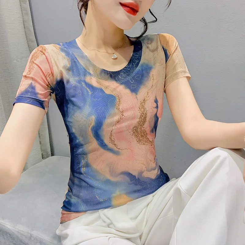 

2022 Summer New Round Neck Fashion Printing Slim Mesh Short-sleeved T-shirt Women's Design Top Women Clothes