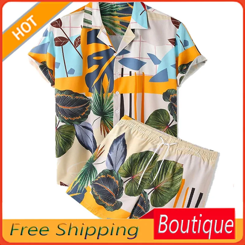 2023 New Men's Casual Loose Beachwear Leaf Printed Shirt Outfit Men Leisure Set Two-Piece Set
