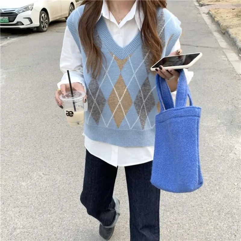 Вязаные жилеты для женщин зеленые женские свитера с V-образным вырезом клетчатый