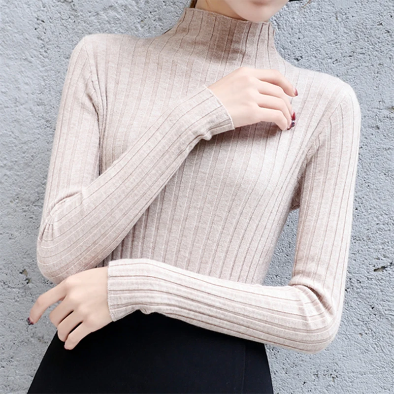 

New 2022 Pullover Turtleneck Sweater Women Autumn Winter Long Sleeve Slim Elastic Korean Simple Basic Jumper Solid Color Tops