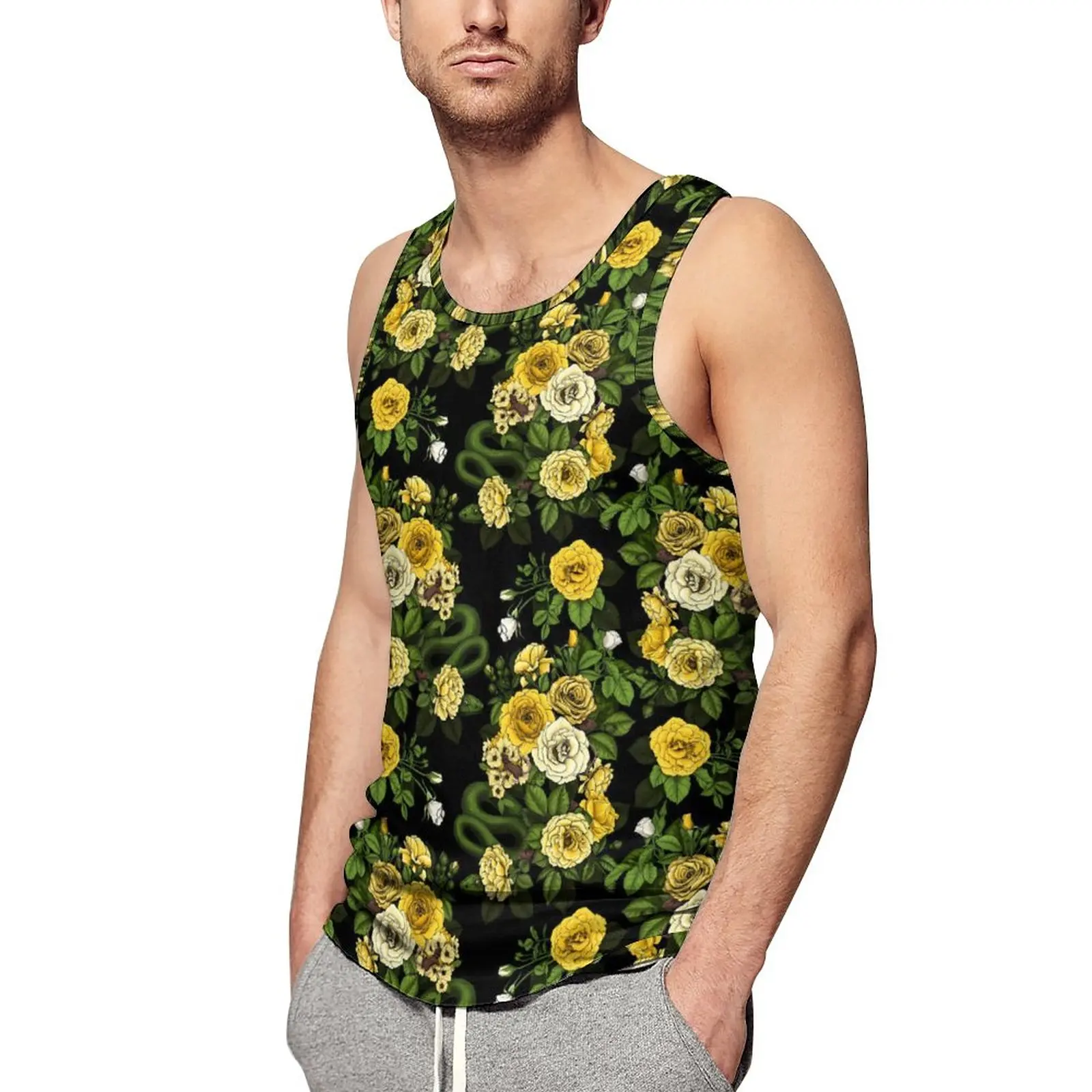 

Rose Floral Tank Top Yellow and Green Fashion Tops Beach Training Male Printed Sleeveless Vests Large Size 4XL 5XL