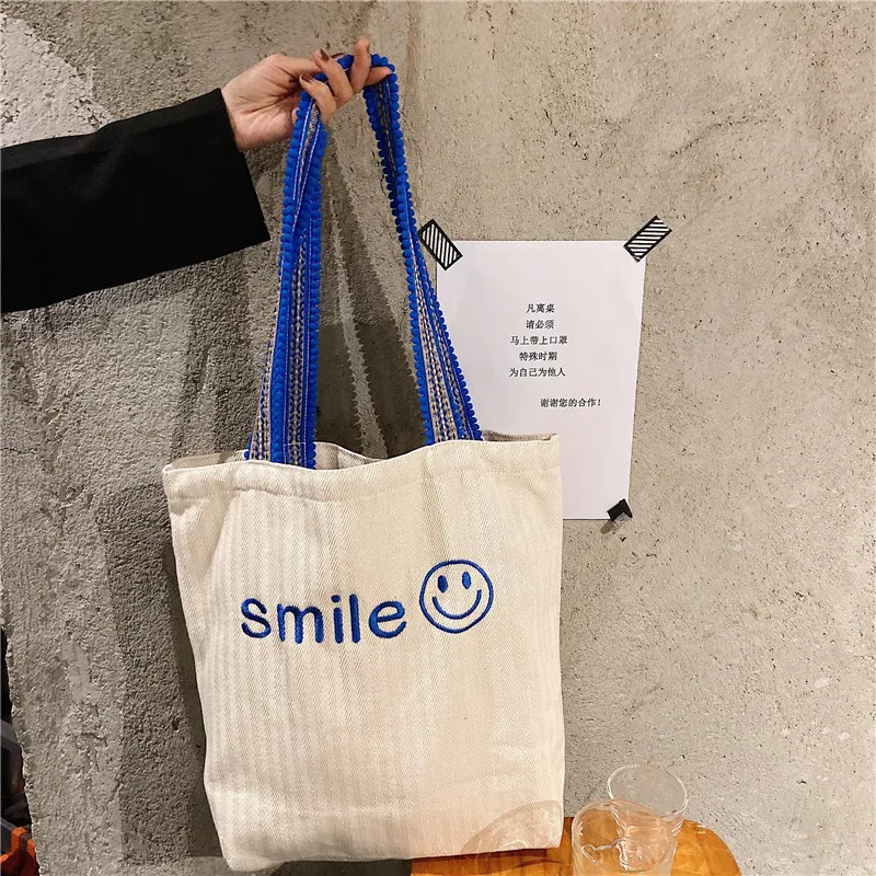 

Korean INS Embroidered Smiling Face Canvas Bag Large Capacity Single Shoulder Bag Student Classroom Tote Bag Female Canvas Bag