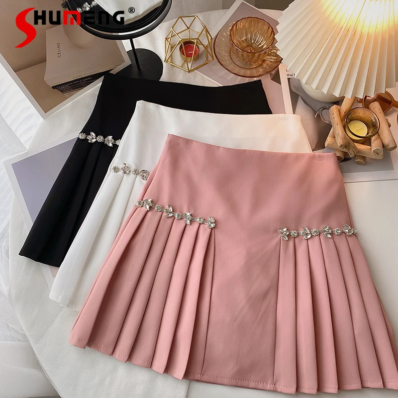 

A- Line Mini Skirt Women's Clothing 2022 Spring Summer New Sweet Western Style Slimming Chain High Waist Pleated Short Skirt