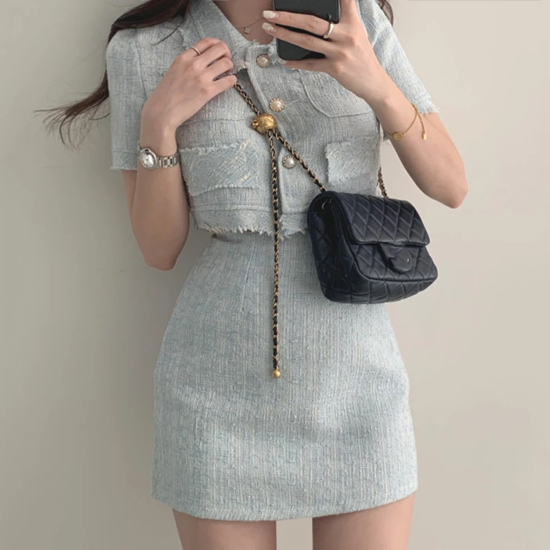 

Women Summer Two 2 Piece Set Korean Style Elegant Single Breasted Tassel Short Sleeve Tops and High Waist Bodycon Mini Skirt