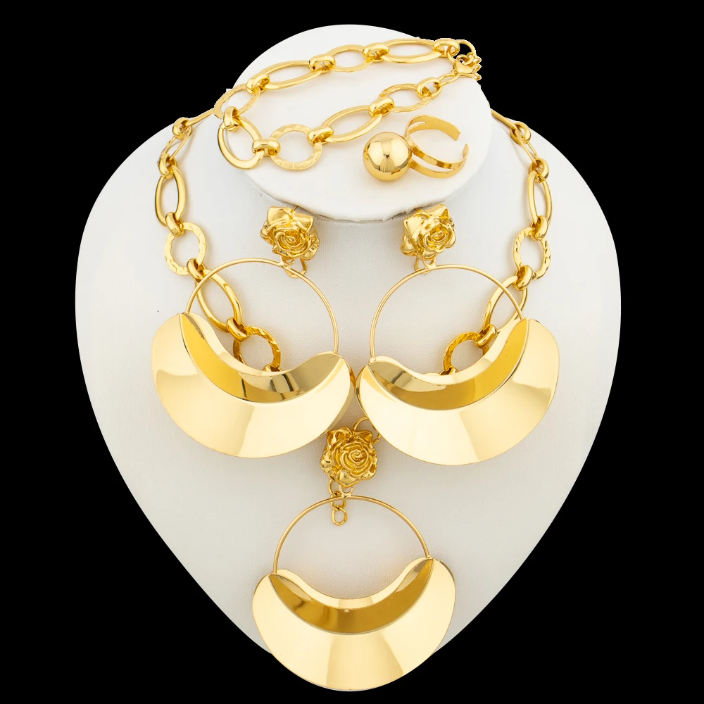 

Exaggerate Gold Color Jewelry Set for Women Dangle Earrings and Bangle Chain Necklace Dubai African Weddings Party Set