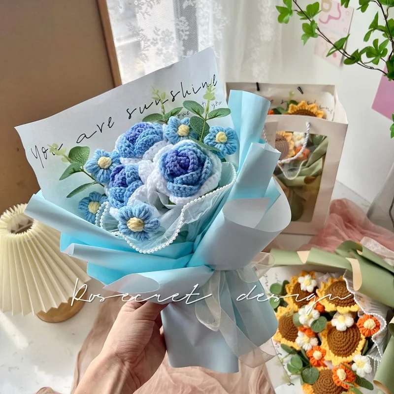 Искусственный букет из шерсти гвоздики ручной вязки Подсолнухи роз хлопковые