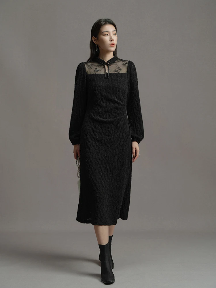 Платье-Ципао средней длины в китайском стиле с кружевом
