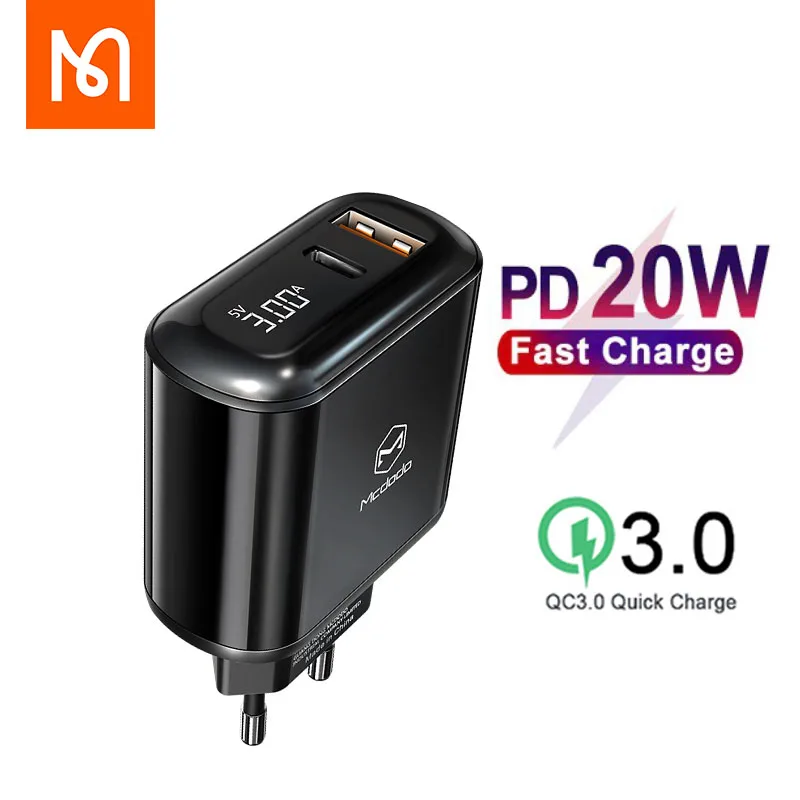 

Mcdodo EU Plug USB 20W PD Type C 2 Ports Fast Charger QC3.0 For Iphone 12 Pro Max 11Pro Digital Display Portable Charger