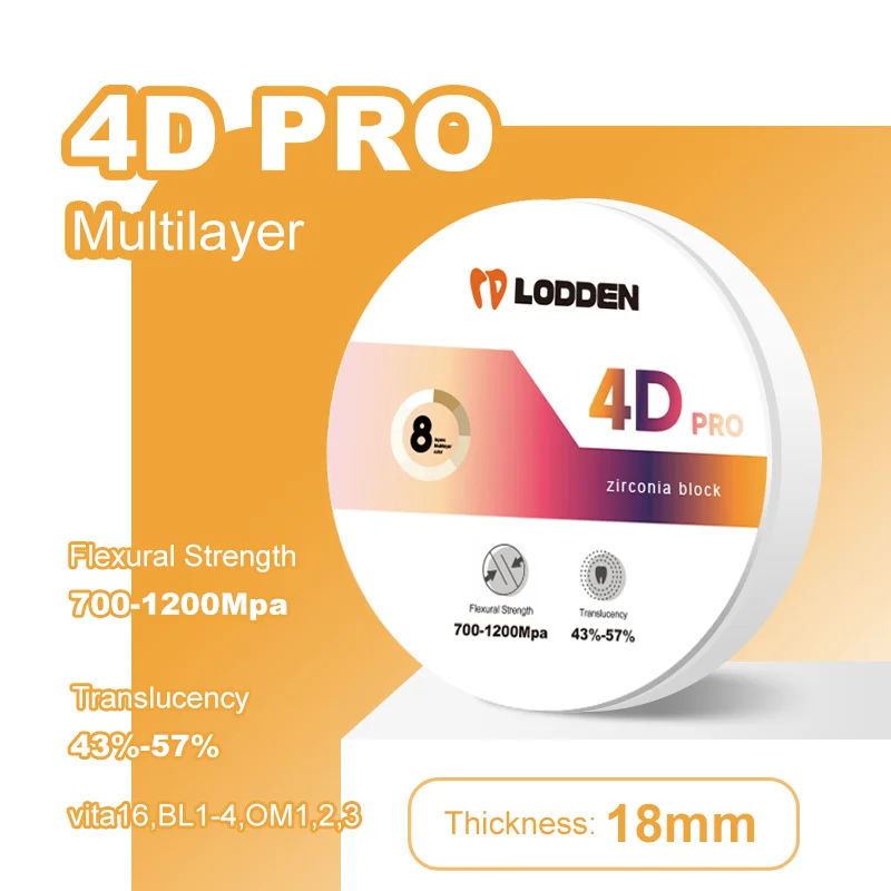 

Dental Lab Zirconia Block 4D Pro 98*18mm for Dental CAD CAM Crown Transparency 43-57% Strength 700-1200 VITA 16& BL1-4，OM1-3