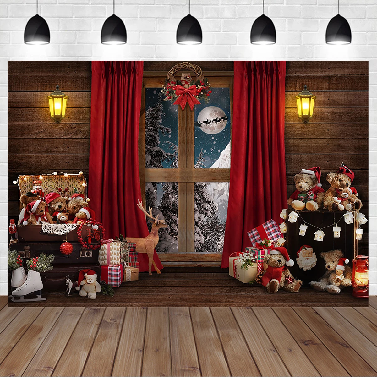 

Christmas Teddy Bear Gift Decoration Backdrop New Year Family Party Window Curtain Wooden Background Props Children Photo Zone