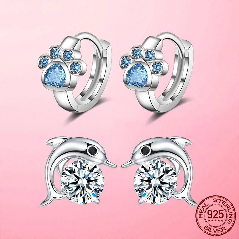 

925 Silver CZ Animal Footprint Hoop Earrings for Women Dolphin Silver Earring Fashion Jewelry
