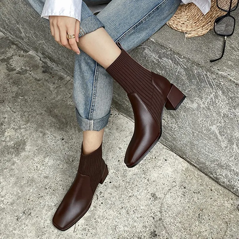 

Square head thin boots thick heels 2021 autumn winter new elastic socks boots Martin boots middle heel