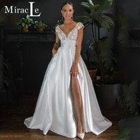 sexy satin wedding dresses for women a line side split wedding gown for bride lace appliques backless 2022 vestidos de novia