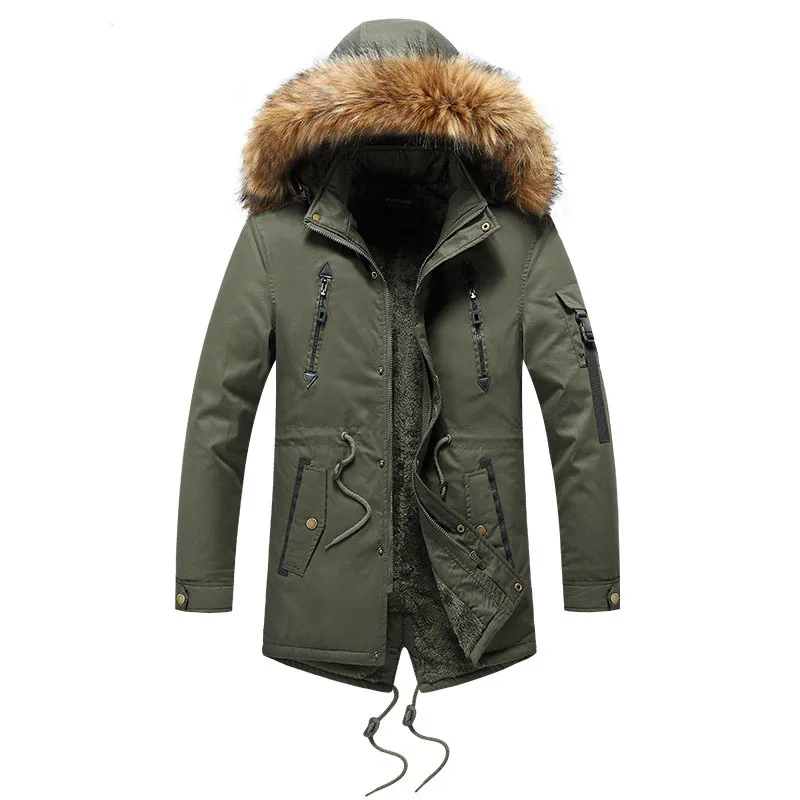 Men's Hooded Parka Jackets Winter new Thicken Fleece Windbreaker Coats Solid Male Fur Collar Outdoor Cotton Overcoat Asian Size