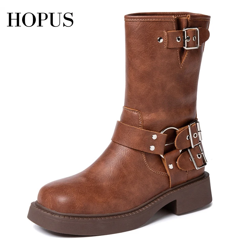 

HOPUS Long Boots Women Winter Leather High Quality Fashion Women Shoes 2023 New Autumn Retro Chunky Boots Mid-Calf British Style