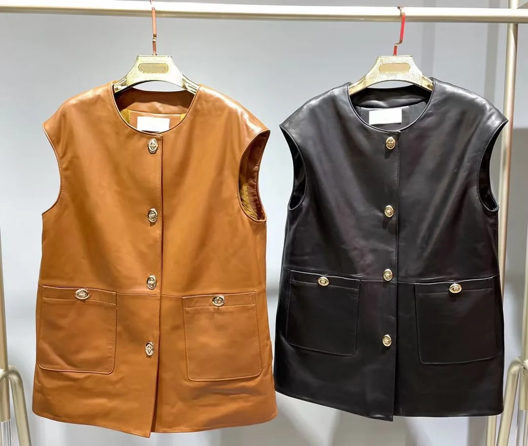 2023 Spring New Leather Sheep Leather Vest Women Casual Loose All-Matching Jacket E5