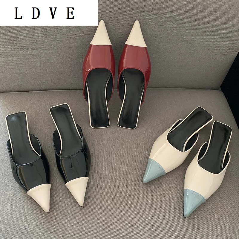 

Summer New Fashion Mixed Colors Patent Leather Pointed Toe Women Mules Concise Mid Heel Slip-On Lady Outdoor Slippers