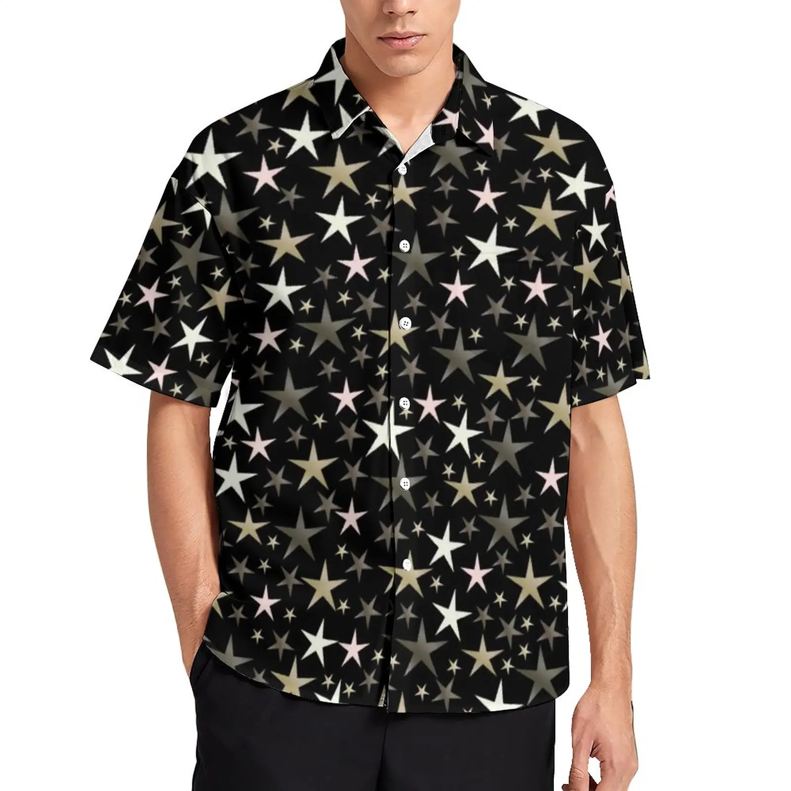 

Свободная рубашка с яркими звездами для отпуска, черные, серебряные, блестящие звезды, принт, повседневные рубашки, гавайский графический Р...
