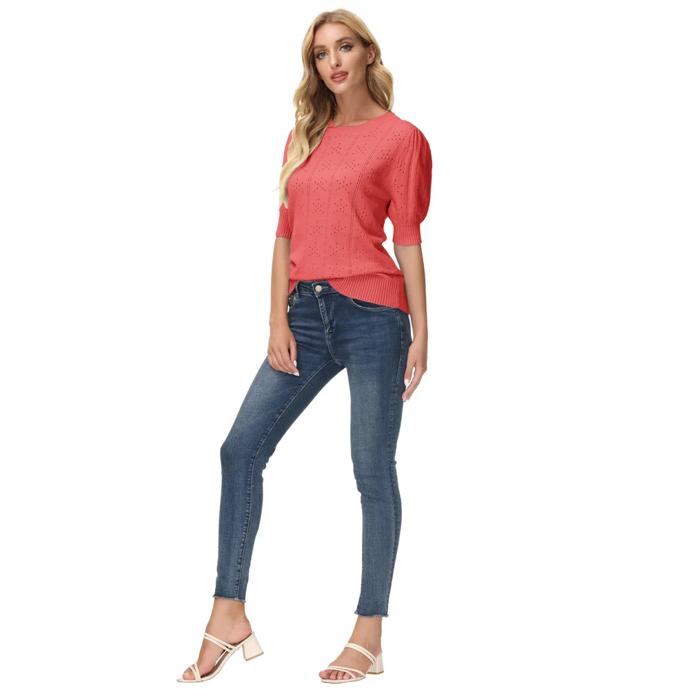 Женская рубашка GK с вырезами текстурированный свитер коротким рукавом и круглым