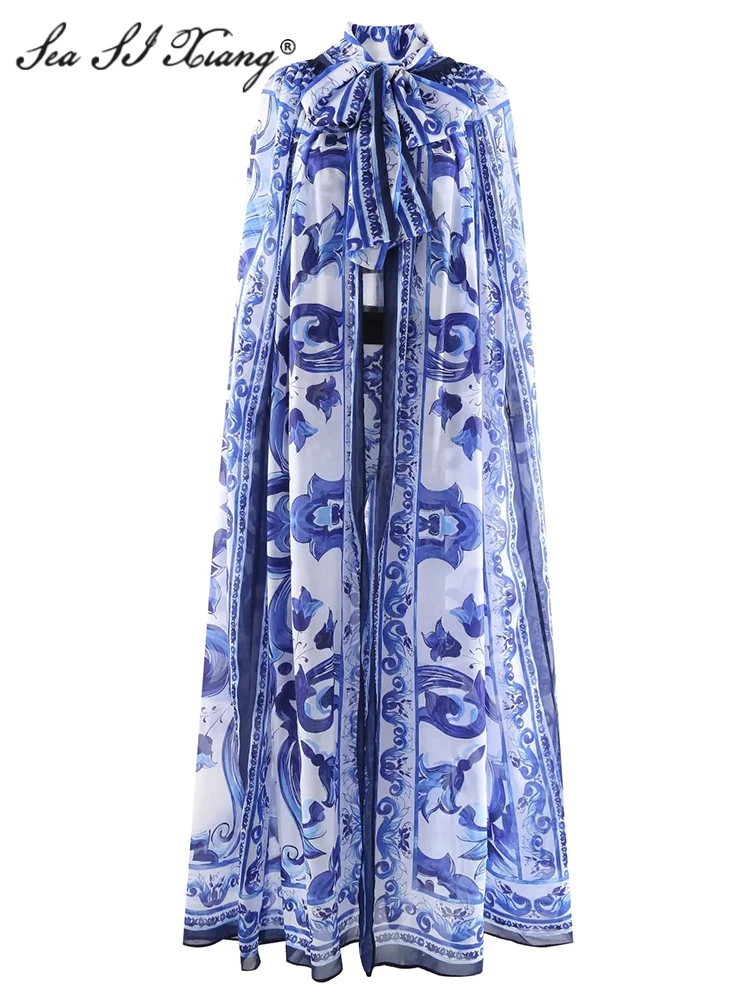 Seasixiang Fashion Summer Women Blue Print Lace Up Neck Chiffon Maxi Cloak Dress + Crop Tops + Long Pencil Pants Three Piece Set