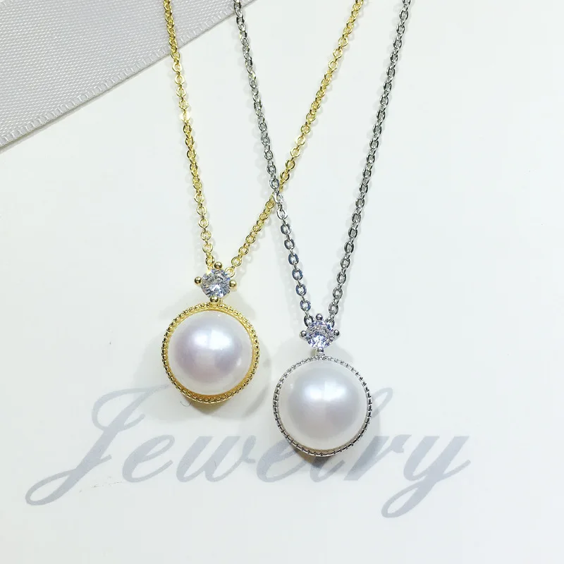 

Silver 100% Natural Freshwater Pearl Pendant Round Plated Real Gold Non-fading Necklace Banquet Dress Jewelry Exquisite Gift