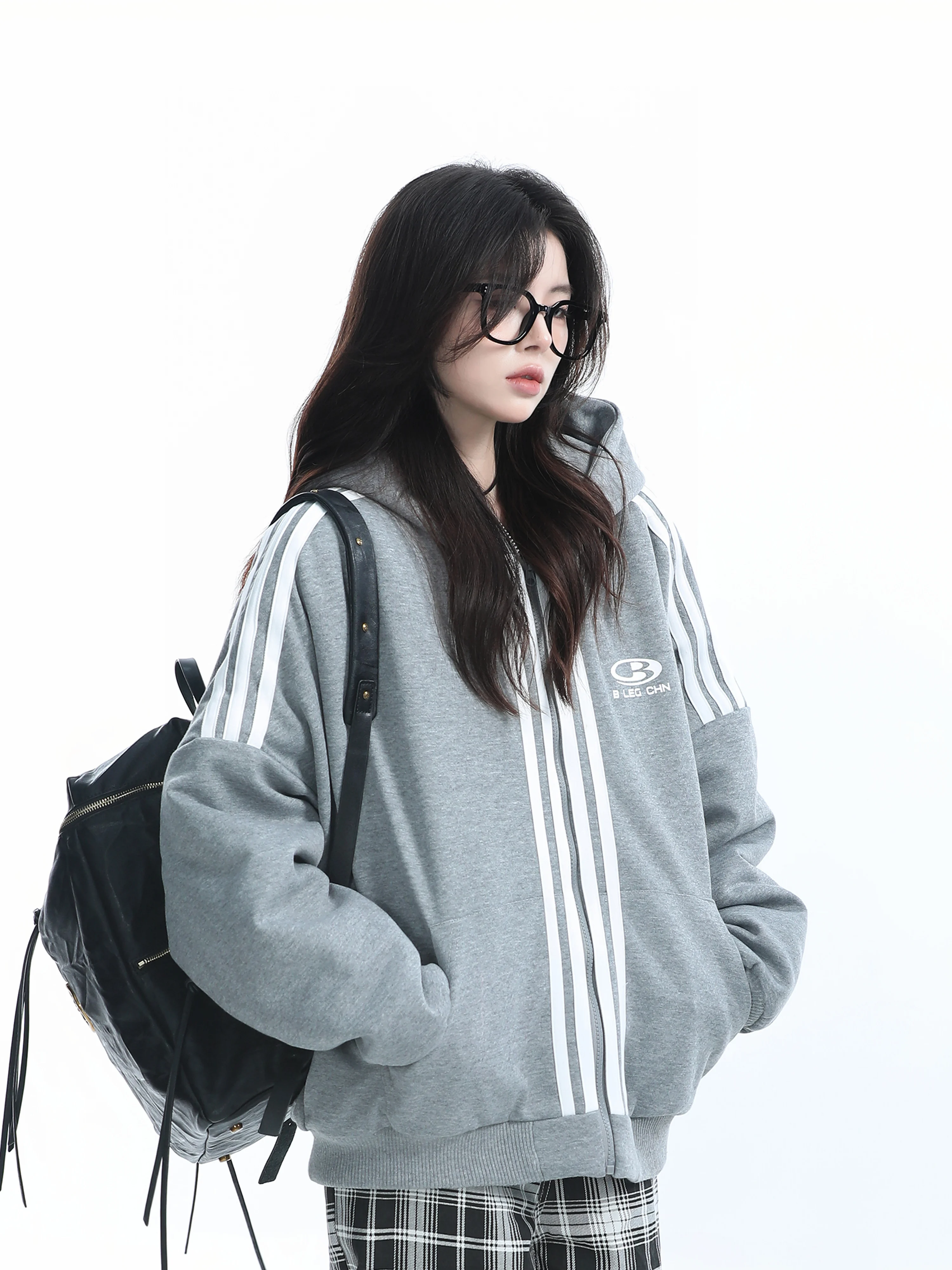 [Sitting in the Mountains] American vintage Three Bars Hood Cotton-Padded Clothes Outerwear Women Winter Sports Thickening Qu...