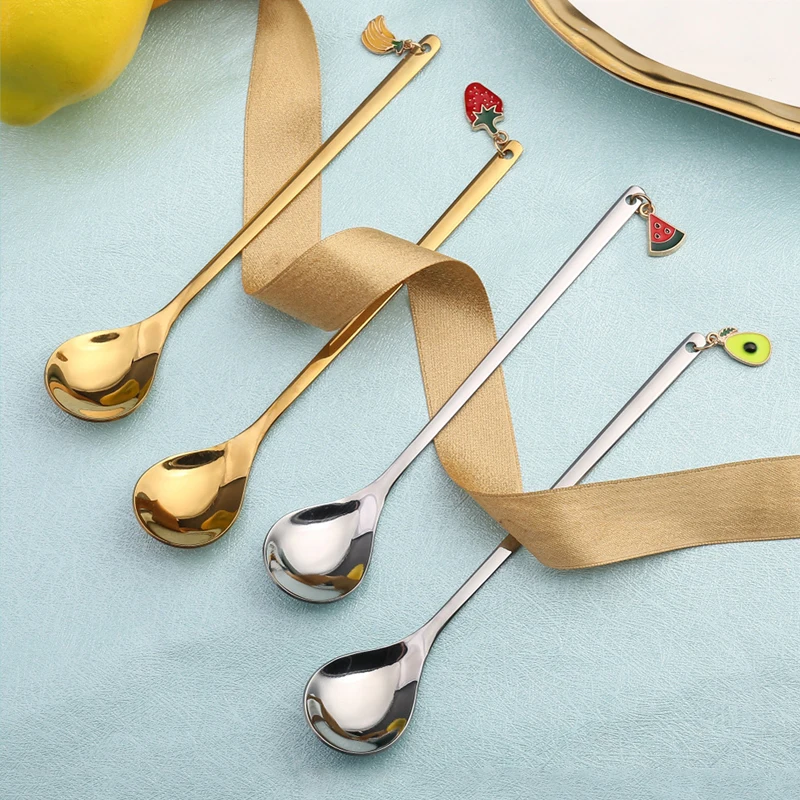 

Stainless Steel Spoons Stirring Spoon with Fruit Pendant Coffee Mixing Spoon Dessert Spoon Table Decor Party Gift Kitchen Tool