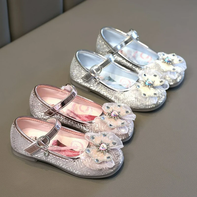 Туфли детские с бантом и блестками серебристые розовые Размеры 26-36