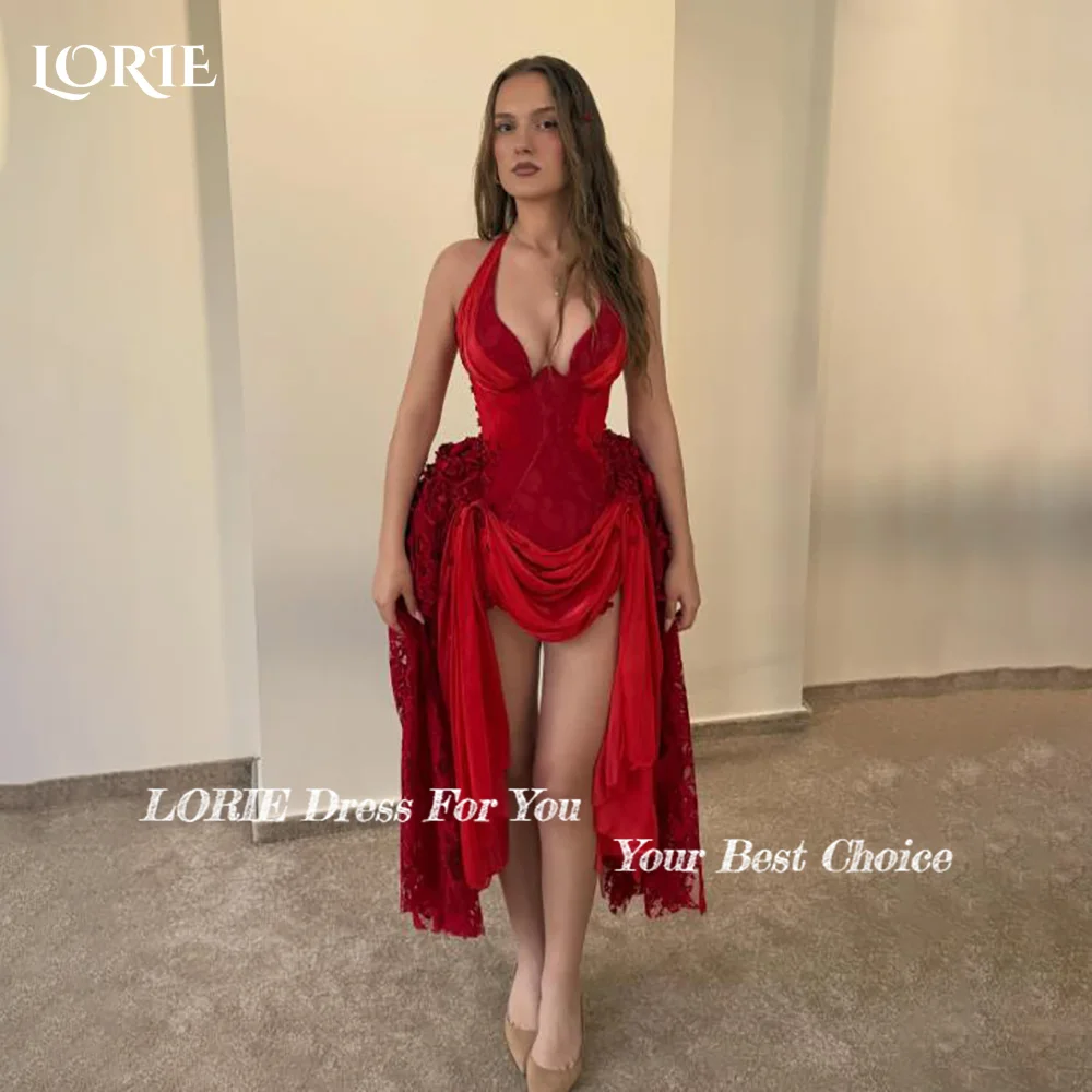 Фото Кружевные мини-платья LORIE для вечеринок с 3D цветами, элегантные, с глубоким V-образным вырезом, плиссированные, фасон «русалка», с оборками, на заказ №3