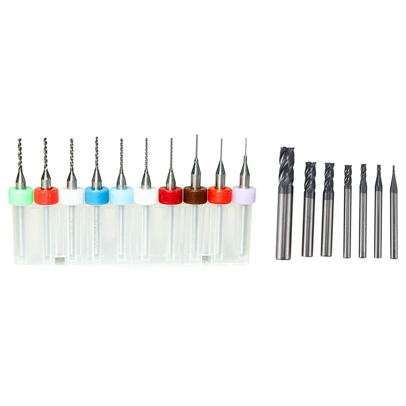 

GTBL 10 Pcs 0.3Mm-1.2Mm PCB Print Circuit Board Tip Spiral Flute Carbide Micro-Drill Bits With 7Pcs 4 Flutes End Mill Set