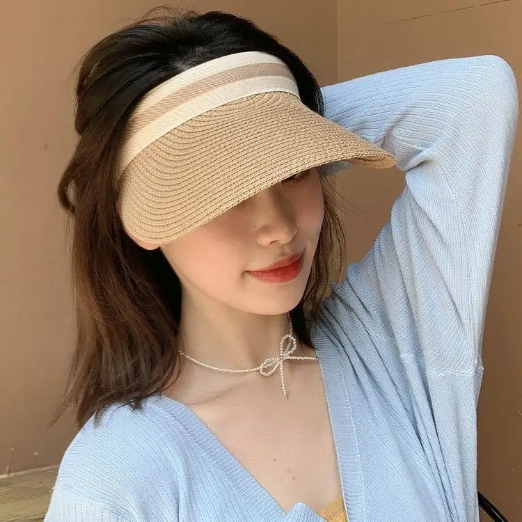 

Women Summer Hat Outdoor Sun Protective Ponytail Straw Hat Face Transparent Visor Cap Handmade Natural Spring Sun Visor