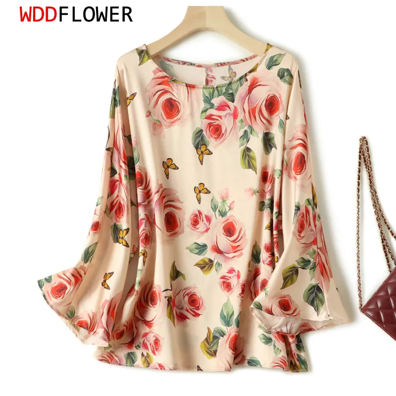 Women 93% Mulberry Silk 7% Spandex 19 momme Thick Beige Floral Printed Top Blouses Round Neck 3/4 Sleeves Shirt L XL FF010