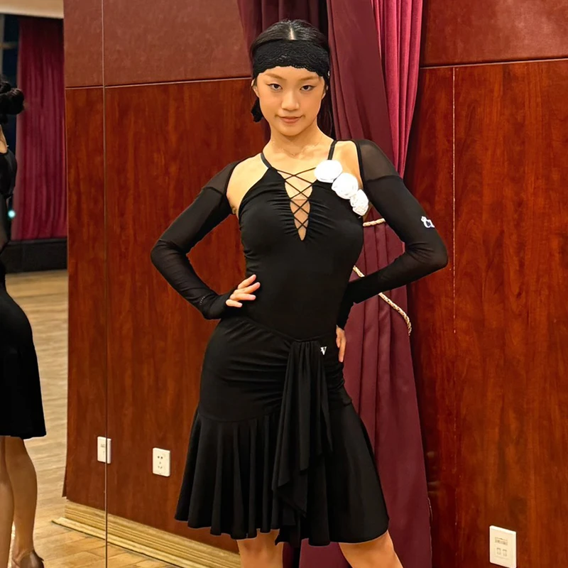 Одежда для латинских танцев женская новая тренировочная одежда черные топы юбка