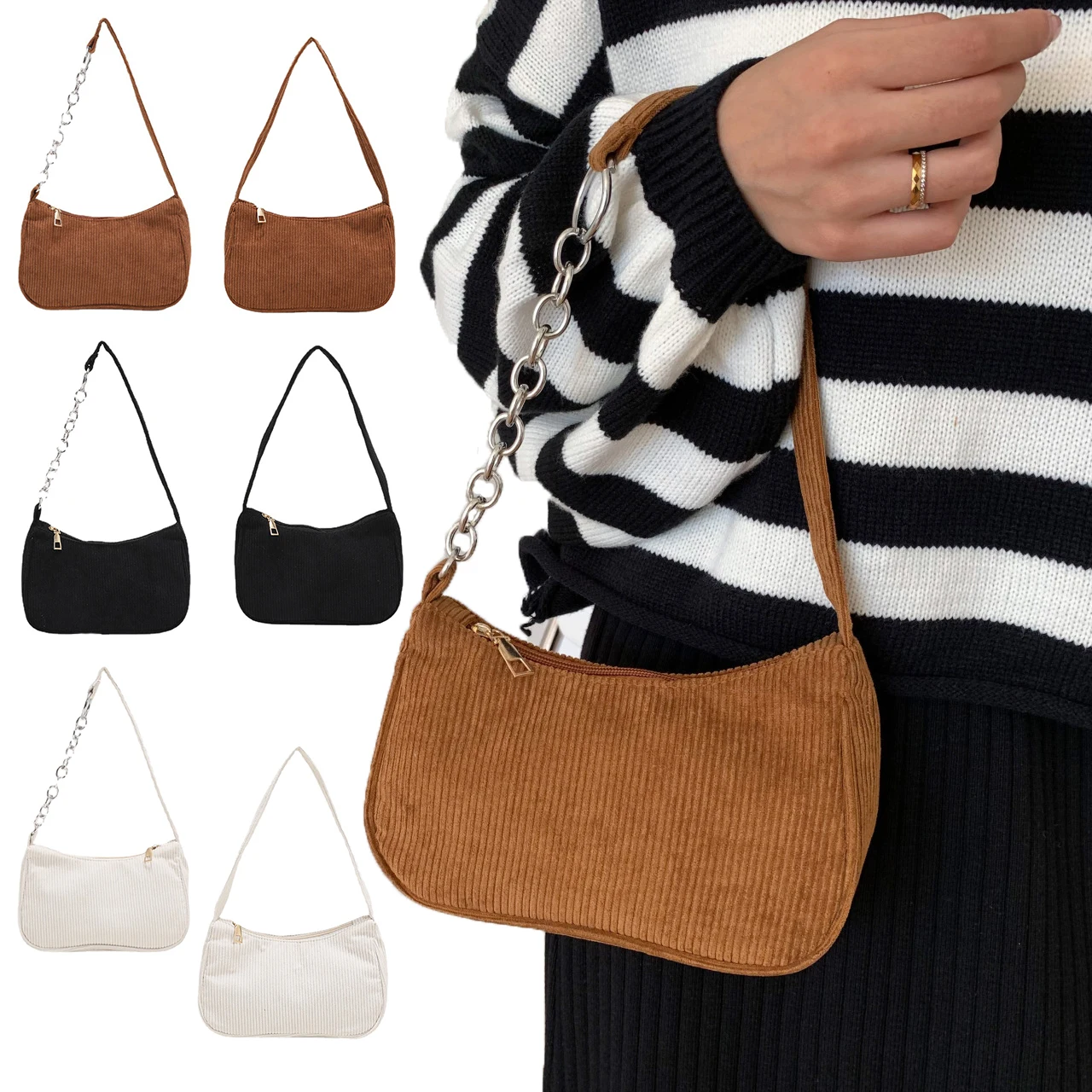 

2022 Fashion Vintage Women Handbags Corduroy Underarm Bag Casual Women Shoulder Bags Solid Color Zipper Female Handbag Clutch