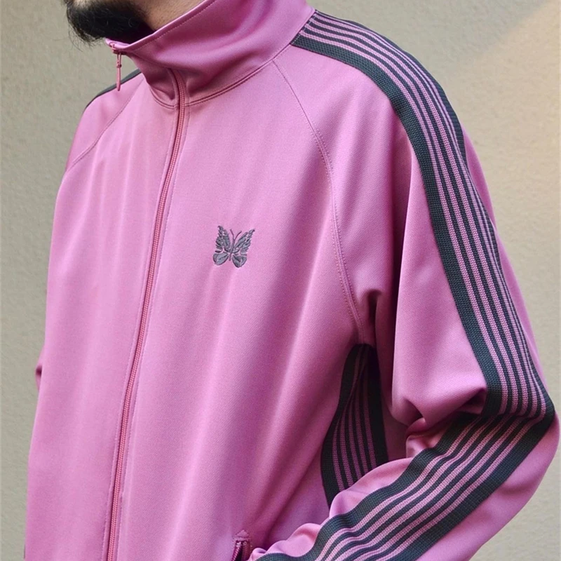 

Fashion Men Pink Stripe Needles Jacket Men Women 1:1 Top Quality Butterfly Embroidery AWGE Coats