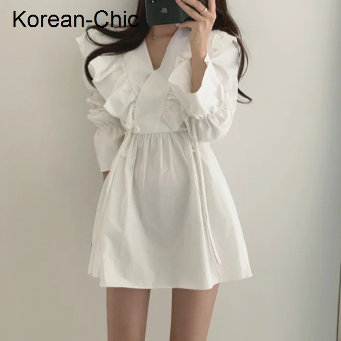 

Женское короткое платье, корейское шикарное короткое платье с V-образным вырезом, перекрестными оборками, поясом и рукавами на талии, малень...