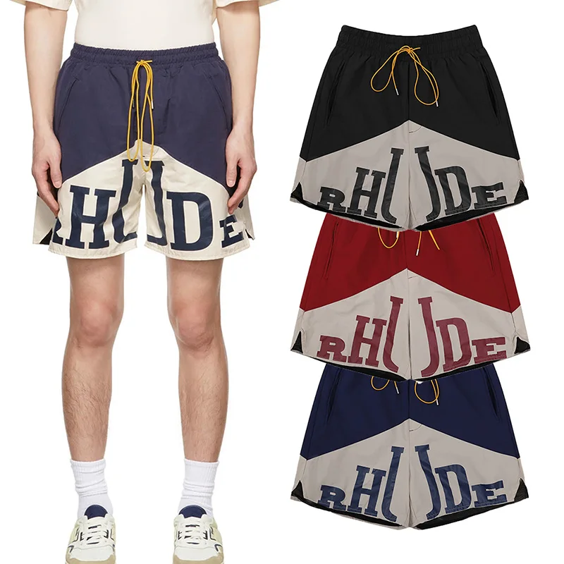

Casual Mesh Cloth Color Contrast Splice Printing Elastic Force Drawstring Basketball Football Comfortable Men Woman RHUDE Shorts