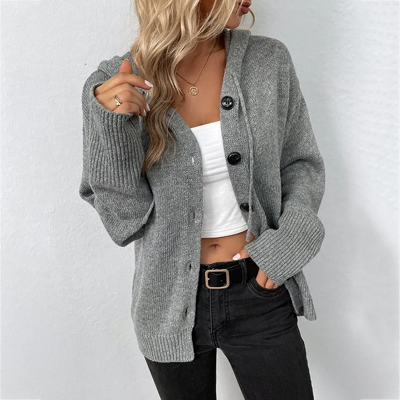 

2022 Autumn and Winter New Solid Color Hooded Single-breasted Sweater Women's Drawstring Knitted Cardigan Coat Women