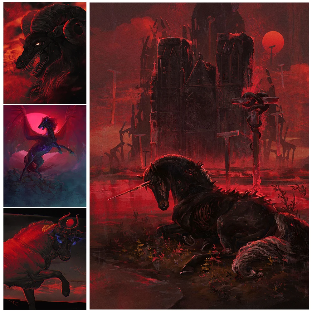 

Hellhorse And Unicorn Evil Spirit Abstract Wall Art Cavnas Painting Red Evil Beast Art Poster And Prints For Living Room Decor