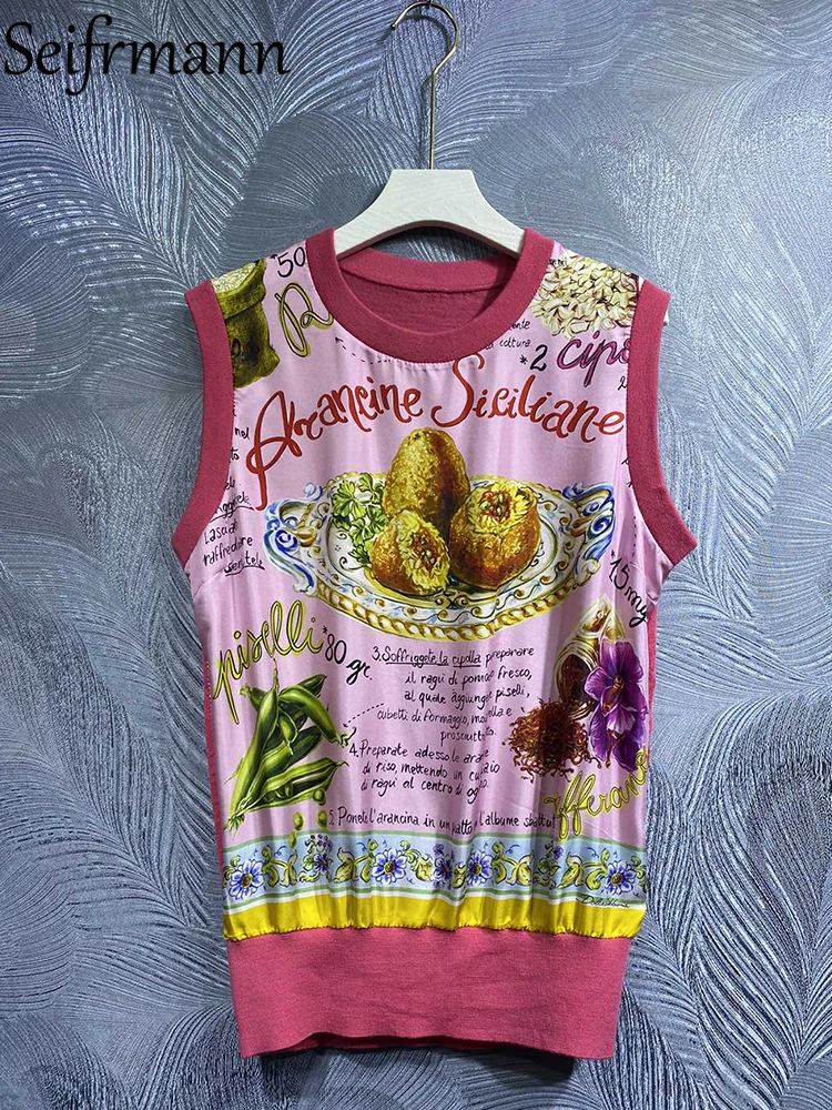 

Seifrmann High Quality Autumn Women Fashion Designer Party Silk Wool Tank Tops Letter Printed Knitting Sleeveless Patchwork Tops
