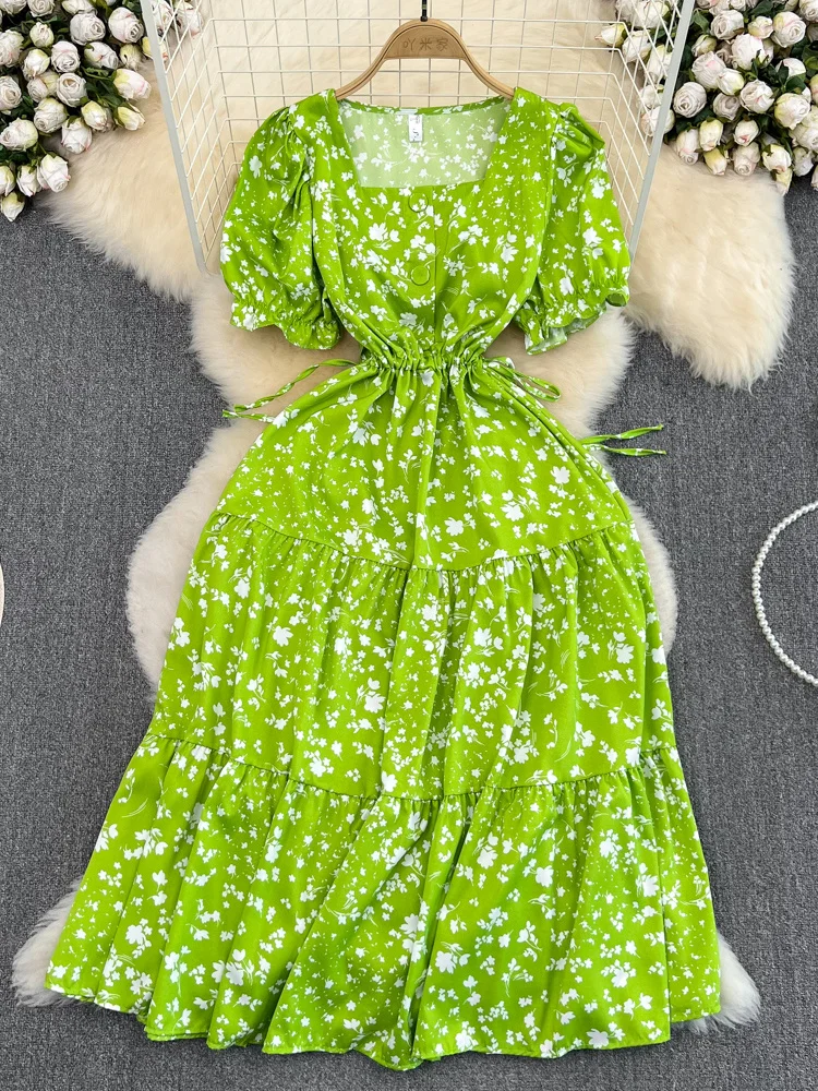 

Женское винтажное платье-миди с квадратным вырезом, коротким рукавом-фонариком и высокой талией