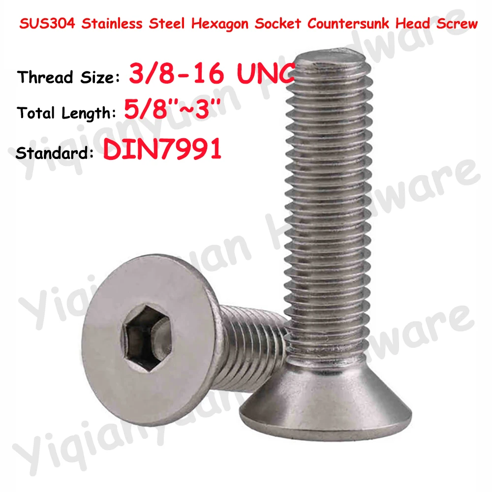 

3/8-16 UNC Thread DIN7991 SUS304 Stainless Steel Hexagon Socket Countersunk Head Screws Allen Key Bolts Flat Hex Screws